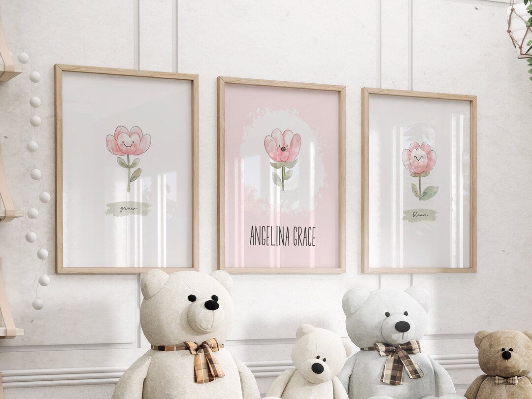 Floral Flower Personalized Girl Name Nursery Room Wall Art Pink Sage ...