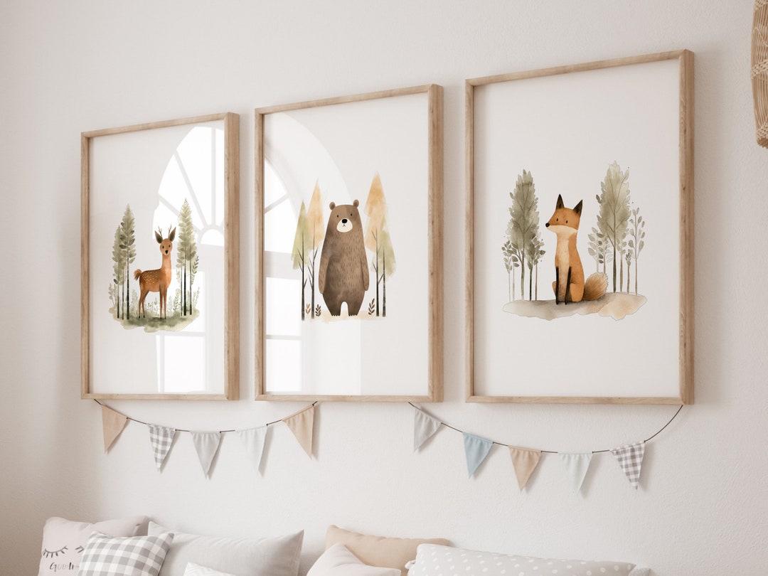 Woodland Nursery Decor Print Set of 3 for Baby Boy Girl, Cute Deer Bear ...
