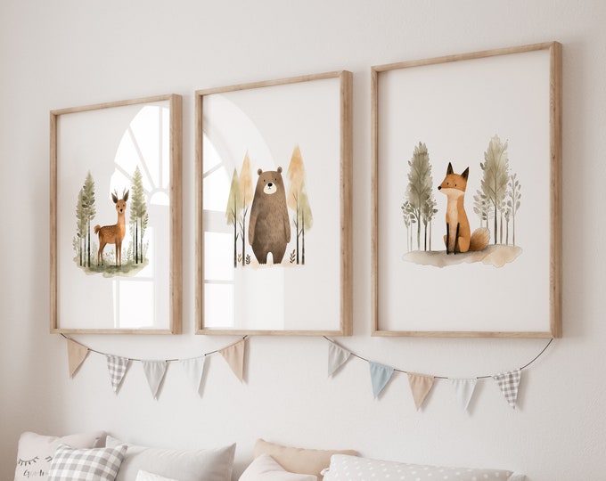 Woodland Nursery Decor Print Set of 3 for Baby Boy Girl, Cute Deer Bear and Fox Forest Animals, Wall Art Prints or Canvas Shower Gift