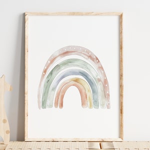K&ouml;nnte beinhalten: Ein Aquarellbild eines Regenbogens in Braun-, Gr&uuml;n-, Blau- und Gelbt&ouml;nen. Der Regenbogen ist in einem hellen Holzrahmen gerahmt.