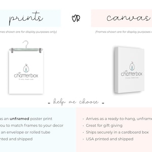 May include: A comparison of two options for purchasing a print of a cute cartoon bird with the text "oh chatterbox" and the words "so one, meet cute". The first option is a print that arrives unframed and can be framed by the buyer. The second option is a canvas print that arrives ready to hang. Both options are printed and shipped in the USA.