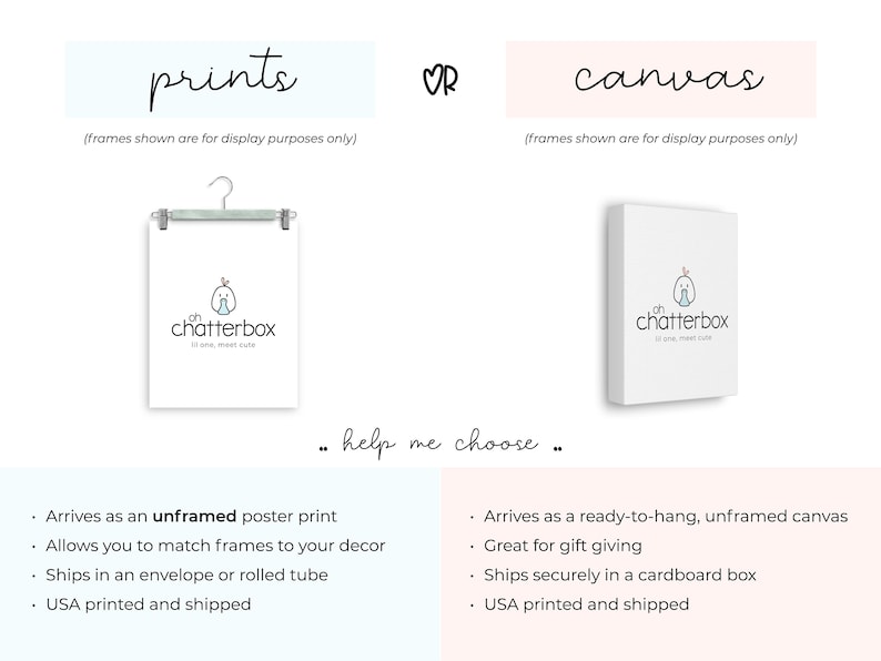May include: A comparison of two options for purchasing a print of a cute cartoon bird with the text "oh chatterbox" and the words "so one, meet cute". The first option is a print that arrives unframed and can be framed by the buyer. The second option is a canvas print that arrives ready to hang. Both options are printed and shipped in the USA.