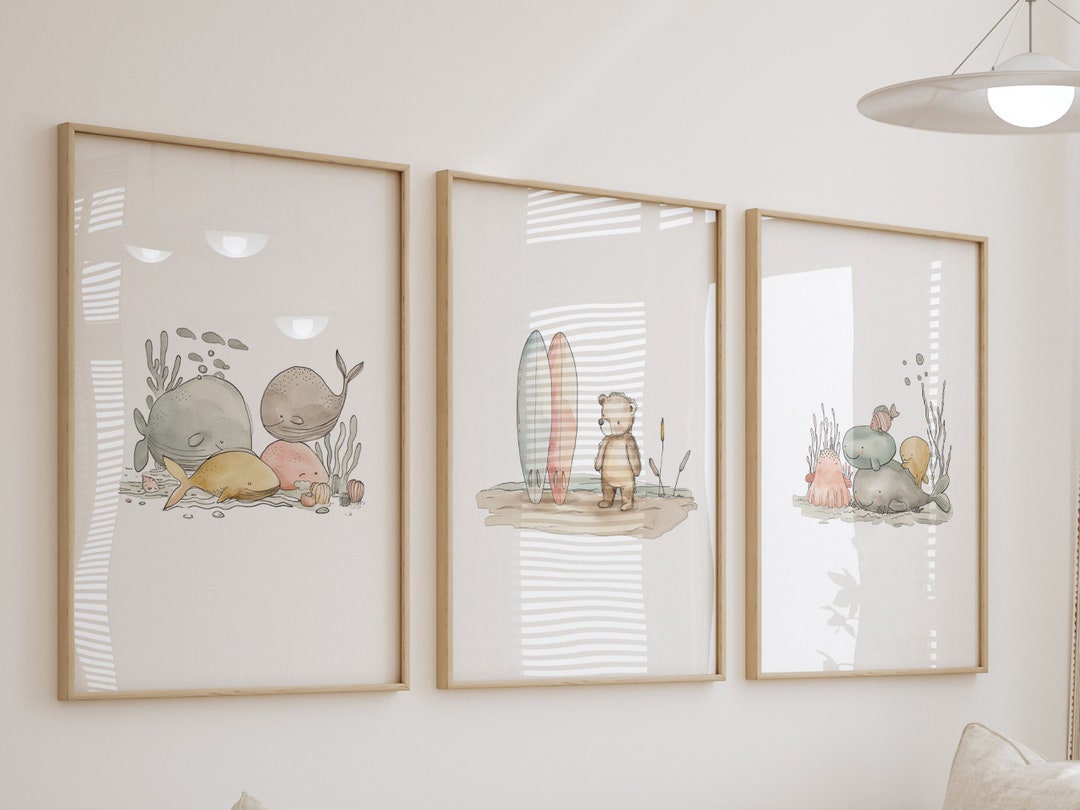 Beach Nursery Wall Art Ocean Baby Decor Set, Under the Sea Whales, Surf ...