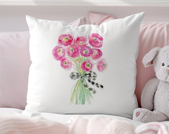 Floral Pillow Cover, Pink Spring Flower Bouquet Black White Checker Bed Pillow, Gift for Girls Farmhouse Room Decor, Girly Baby Shower P20