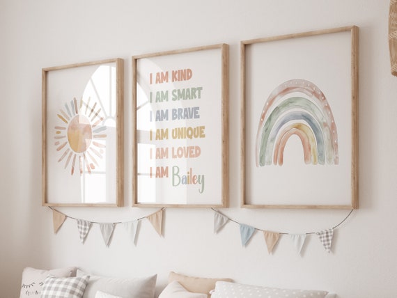 Personalized Kid I Am Affirmations Boho Nursery Wall Art Decor, Sun Rainbow Girl Room Poster Print Canvas, Custom Baby Shower Gift Idea PC13