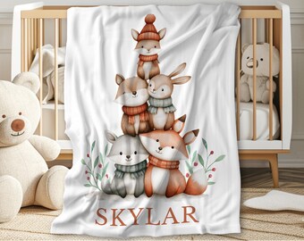 Personalized Woodland Forest Animal Blanket, Special Christmas Gift for Newborn Toddler Kid or Baby Shower, Custom Cute Fox Bunny Squirrel