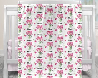 Girls Pink Flower Blanket, Personalized Name for Newborn Infant Baby or Kid, Floral Nursery Decor, Cute Birthday or Baby Shower Gift  BR20