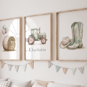Cowgirl Nursery Wall Art Set, Country Western Farm Girl Baby Decor, Personalized Barnyard Tractor Hay Balloons Hat Boots, Prints Canvas Gift
