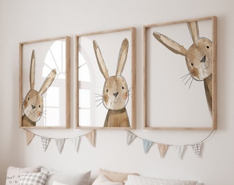Bunny Nursery Art, Toddler Woodland Farmhouse Decor, Cute Trendy Peeking Bunny Peek-A-Boo Prints, Baby Shower Gift for Boy or Girl PC18