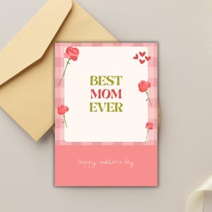 Moederdagkaart, instant download kaart voor beste moeder ooit, kaart met roze bloemen, kaart met schattige esthetiek, afdrukbare moederwens