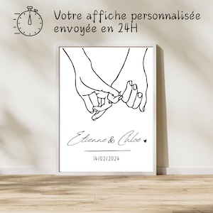 Pareja de carteles personalizados cogidos de la mano con nombres y fecha de encuentro, unión civil / boda / Día de San Valentín