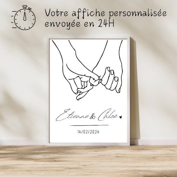Affiche personnalisée couple se tenant la main avec prénoms et date de rencontre, pacs / mariage / Saint Valentin