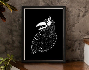 Ominous Crow on Black, Giclée Wall Art, Crow, Ominous, Cosmic Bird, Fire Bird, Bad Omen, Cosmic Crow, Fire Crow, Wall Decor