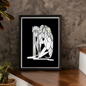 Fairy on black, dark fairy, monster, moth fairy, creepy, horror, fairytale, mythical, gothic, Wall Art, artwork print, Black and White Art