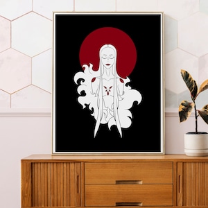 wall hanging Kitsune art print Japanese folklore wall decor fox witch wall art gift for her femme fatale art mythical creature print