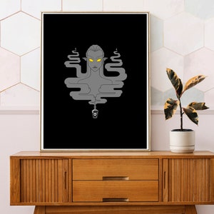 May include: A black and white illustration of a woman with yellow eyes surrounded by smoke. The woman is wearing a crown and has a skull at the bottom of the smoke.