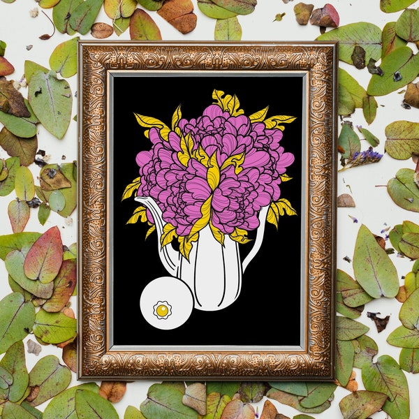 wall hanging peony bouquet art print homey flower teapot wall art gift for plant lover wall decor mothers day flower drawing florist art