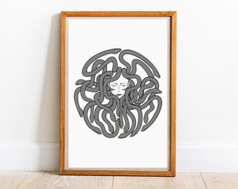 May include: A framed print of a black and white illustration of a woman's face surrounded by a circle of gray snakes with yellow eyes.