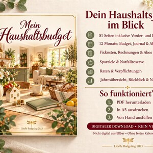 May include: A digital household budget planner cover titled Mein Haushaltsbudget featuring a cozy living room scene with a table, flowers, and bread. The right side lists features including 51 pages, 12 months of tracking, and instructions for downloading, printing in A5, and filling out by hand.