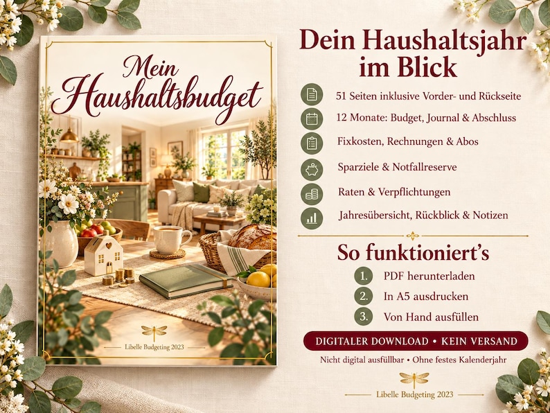 May include: A digital household budget planner cover titled Mein Haushaltsbudget featuring a cozy living room scene with a table, flowers, and bread. The right side lists features including 51 pages, 12 months of tracking, and instructions for downloading, printing in A5, and filling out by hand.