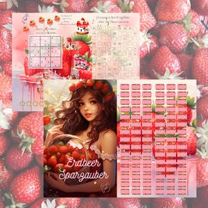 May include: A collage featuring strawberry-themed puzzles, illustrations, and stickers. The central image is a woman with a basket of strawberries, the text "Erdbeer Sparzauber" is visible. Other elements include Sudoku puzzles and strawberry-topped desserts.