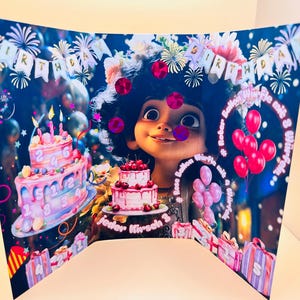 May include: A colorful birthday-themed illustration featuring a cartoon character, cakes, balloons, and the word "BIRTHDAY" in a banner. The image has a festive atmosphere with vibrant colors and celebratory elements.
