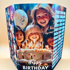 May include: A decorative birthday-themed container featuring a cake with lit candles and the words "Happy Birthday." The container has images of smiling children, balloons, and cupcakes. The overall design is colorful and celebratory.