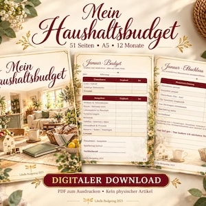 May include: A household budget planner titled Mein Haushaltsbudget with 51 pages in A5 size for 12 months. The cover and interior pages feature a cozy home interior illustration. The text includes sections for monthly budget planning and financial summaries.