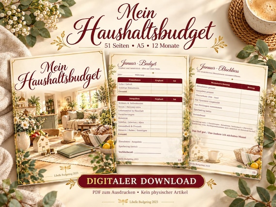 Haushaltsbuch A5 zum Ausdrucken – Budgetplaner Deutsch, 51 Seiten PDF, 12 Monate, Einnahmen, Ausgaben und Sparziele