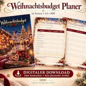 May include: A Christmas budget planner digital download featuring a cover with a festive market scene, a page titled Mein Weihnachtsbudget with a table for expenses, and a page titled Meine Geschenkliste for gift tracking, all in A5 PDF format.