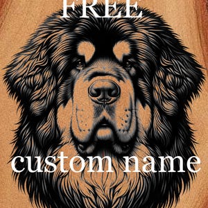 May include: A detailed illustration of a dog's face, featuring black and tan fur with the text "FREE custom name" in white. The dog's fur is intricately drawn, and the background has a wood grain texture.