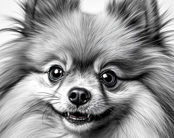 Op de afbeelding: Een zwart-wit illustratie van een dwergkeeshond. De hond heeft dikke, pluizige vacht, een kleine zwarte neus en donkere ogen. De hond lacht, met zijn mond iets open, waardoor zijn tanden zichtbaar zijn. De achtergrond is effen wit.