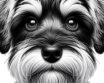 Puede incluir: Ilustración en blanco y negro de un perro pequeño con una cara peluda y despeinada. El perro tiene una nariz negra y ojos grandes y redondos.