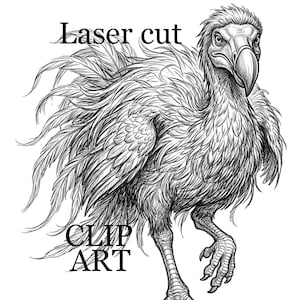 Puede incluir: Ilustración detallada en blanco y negro de un pájaro Dodo con el texto "Laser cut CLIP ART". El ave se representa con plumas detalladas, un pico grande y una mirada enfocada, adecuada para proyectos de diseño gráfico.