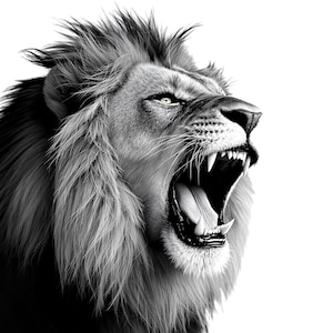 Può includere: Illustrazione in bianco e nero di un leone ruggente. La bocca del leone è spalancata, rivelando denti affilati e una lingua rosa. La pelliccia del leone è dettagliata, con una criniera prominente. Lo sfondo è bianco.