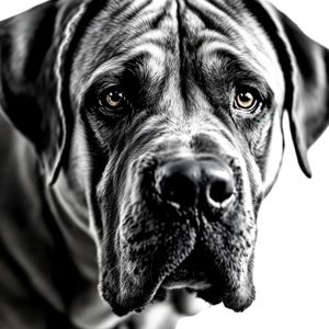 Könnte beinhalten: Schwarz-Weiß-Porträt eines Hundes. Der Hund hat ein kurzes, strukturiertes Fell mit sichtbaren Fell Details. Seine Augen sind warmbraun und seine Nase ist dunkel und markant. Der Hintergrund ist schlicht weiß.