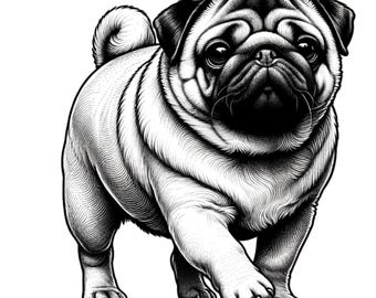 Könnte beinhalten: Eine Schwarzweißillustration eines Mops mit einem faltigen Gesicht und einem kurzen, gekräuselten Schwanz. Der Mops schaut den Betrachter mit einem ernsten Ausdruck direkt an.