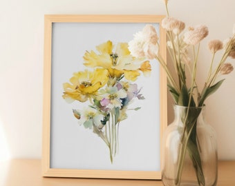 Gelbe Blumenwandkunst auf Leinwand oder Papier Einfache neutrale minimalistische Aquarell Blumenstrauß-Malerei Botanische Wildblumen-Wand-Dekor