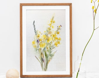 Gelbe Blumenwandkunst auf Leinwand oder Papier Einfache neutrale minimalistische Aquarell Blumenstrauß-Malerei Botanische Wildblumen-Wand-Dekor