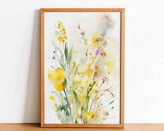 Gelbe Blumenwandkunst auf Leinwand oder Papier Einfache neutrale minimalistische Aquarell Blumenstrauß-Malerei Botanische Wildblumen-Wand-Dekor