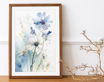 Light Blue Floral Wall Art - Botanical Line Print Canvas - Neutral Simple Flower Watercolor - Wildflower Bouquet Painting Decor
