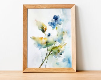 Blue Floral Wall Art - Botanical Line Print Canvas - Neutral Simple Flower Watercolor - Wildflower Bouquet Painting Decor