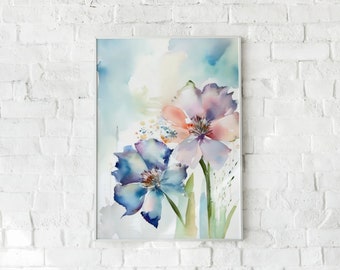 Pink Blue Floral Wall Art - Botanical Line Print Canvas - Neutral Simple Flower Watercolor - Wildflower Bouquet Painting Decor