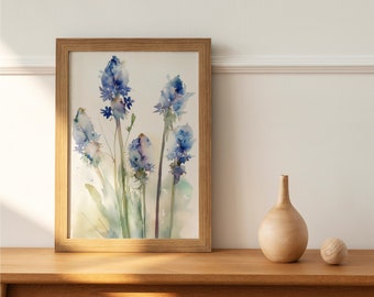 Light Blue Floral Wall Art - Botanical Line Print Canvas - Neutral Simple Flower Watercolor - Wildflower Bouquet Painting Decor