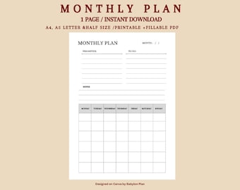 Monthly Planning Printable, To Do List Template, Task List, Goal Planner, Productivity Planner, A4/A5/Letter/Half, Instant Download PDF