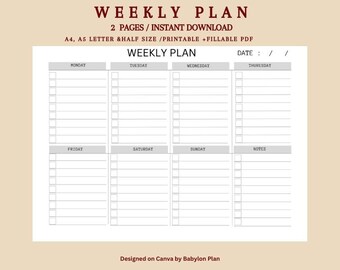 Weekly Planner Printable Landscape, Minimalist Weekly Schedule, Week At a Glance, Weekly Organizer, Office Planner, Desk Planner, A4/Letter