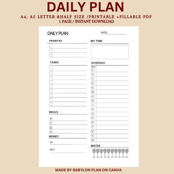 Daily To Do List Printable, Productivity Planner, Personal/Work Daily Planner PDF, Everyday Planner, Daily Schedule, A5/A4/Letter/Half Size