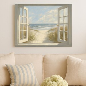 Summer Beach View from Open Window Print on Canvas or Premium Archival Paper, Seaside Nature Painting, Muted Colors Wall Art, Decor