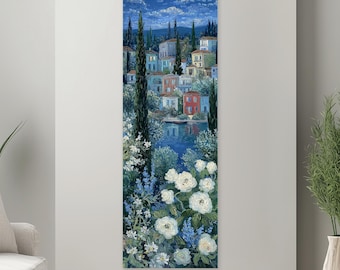 Mediterranean Village Narrow Tall Print on Canvas, Moody Summer Large Painting, Long Vertical Wall Art