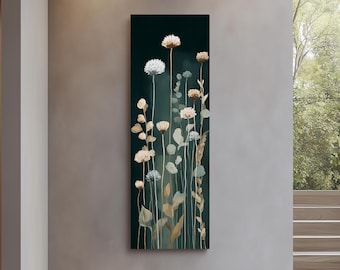 May include: Vertical canvas art featuring a botanical illustration of wildflowers in shades of white, beige, and green against a dark teal background. The artwork has a minimalist style, suitable for modern home decor.
